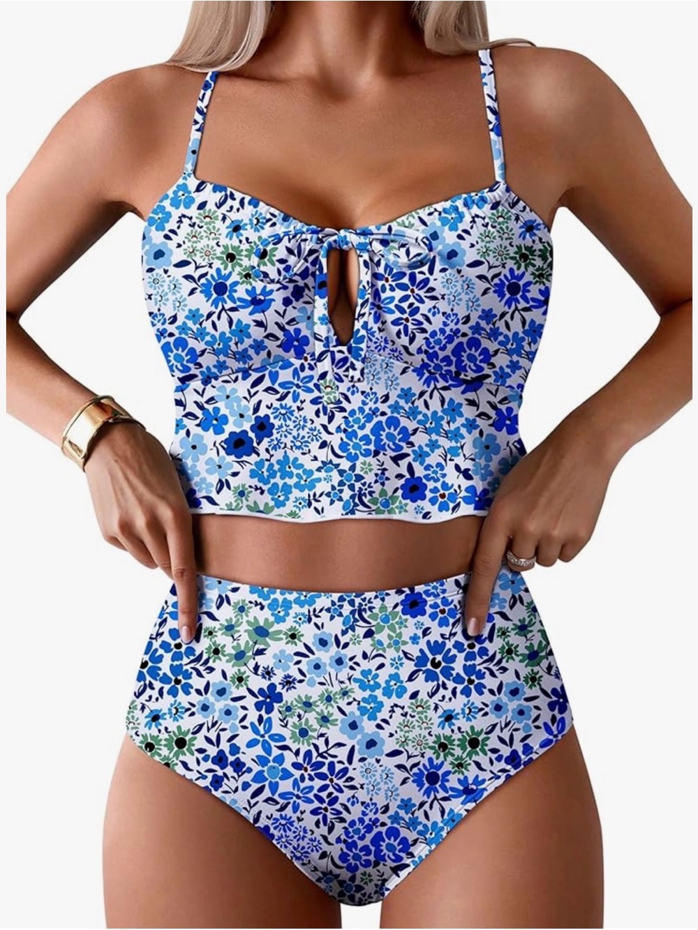 Blue Floral Two-Piece High-Waist Swimsuit Set
